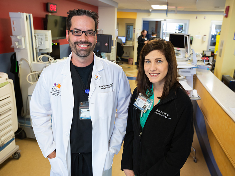 The PICU leadership team includes Dr. Jarrod Knudson, chief of pediatric critical care, and Shelly Ivers Craft, nurse manager.